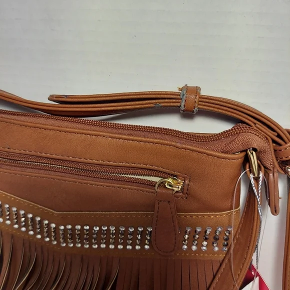 NWT VIETA Fringed Rhinestone Crossbody Purse Brown Faux Leather Back Pocket - Picture 4 of 15